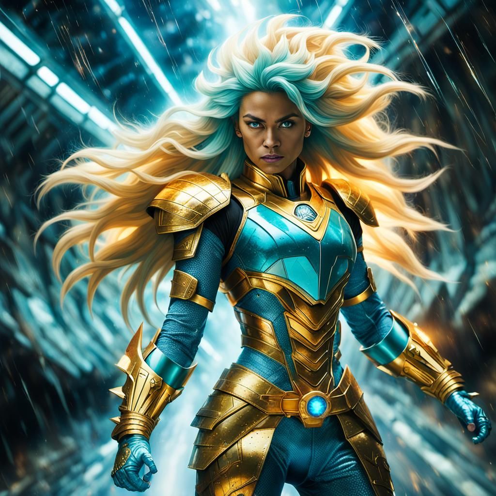 Heroic Saiyan Woman in Storm Tunnel: Hyperdetailed Art