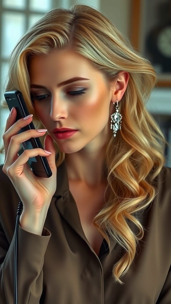 Woman Attentively Listening on Phone in Realistic Style