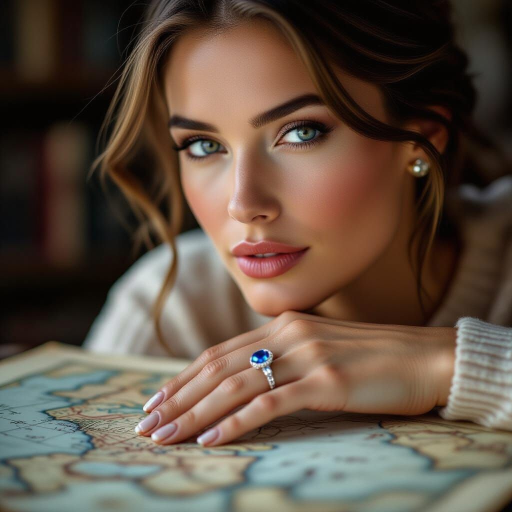 Sapphire Ring on Vintage Map in Dreamy Soft Focus