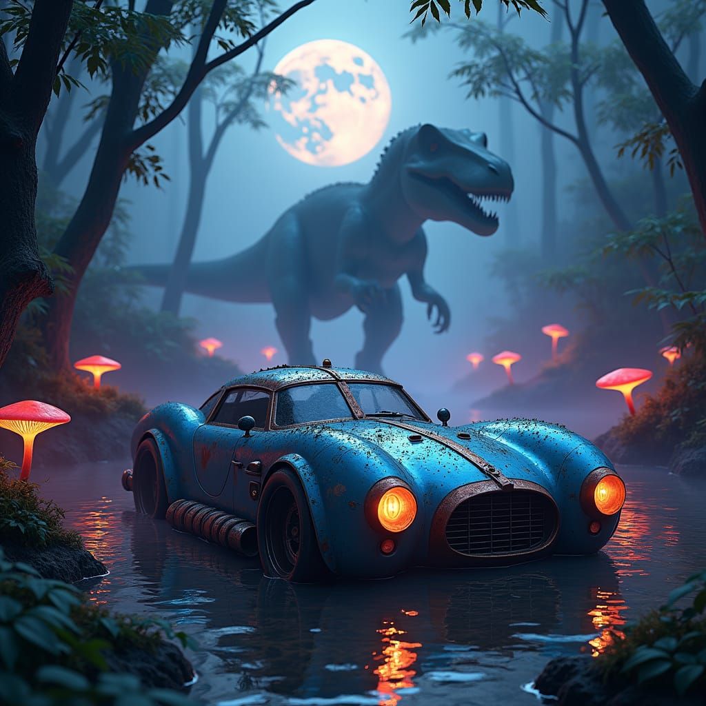 Retro Car and Dinosaur in a Dark Jungle