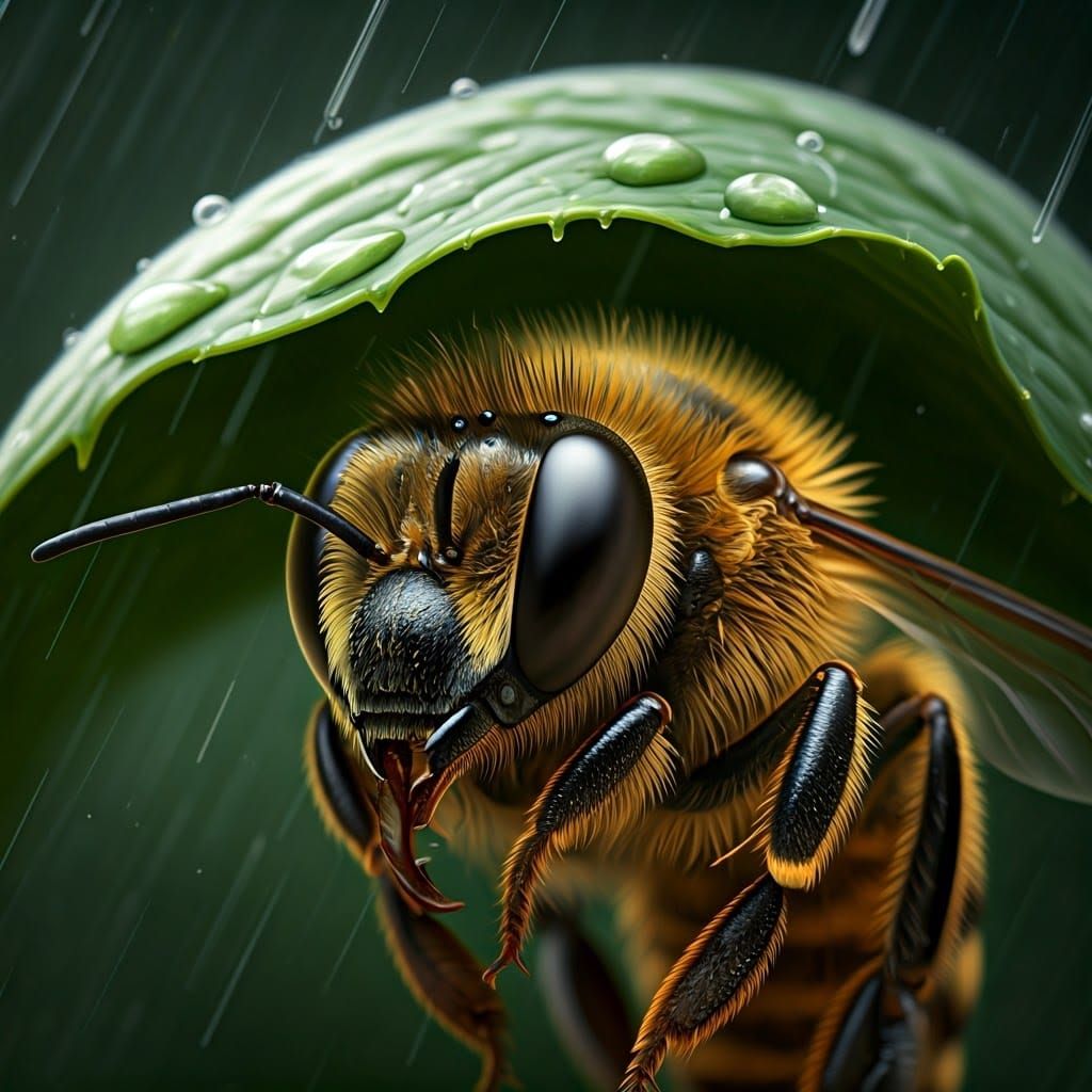 Macroscopic Honeybee Takes Refuge Under a Leaf in a Moody Ra...