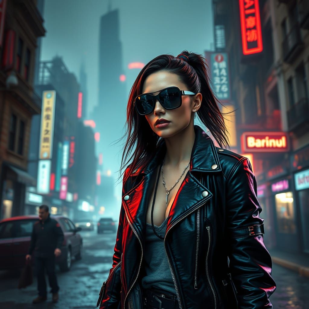 Cyberpunk Lady in Apocalyptic City with Neon Lights