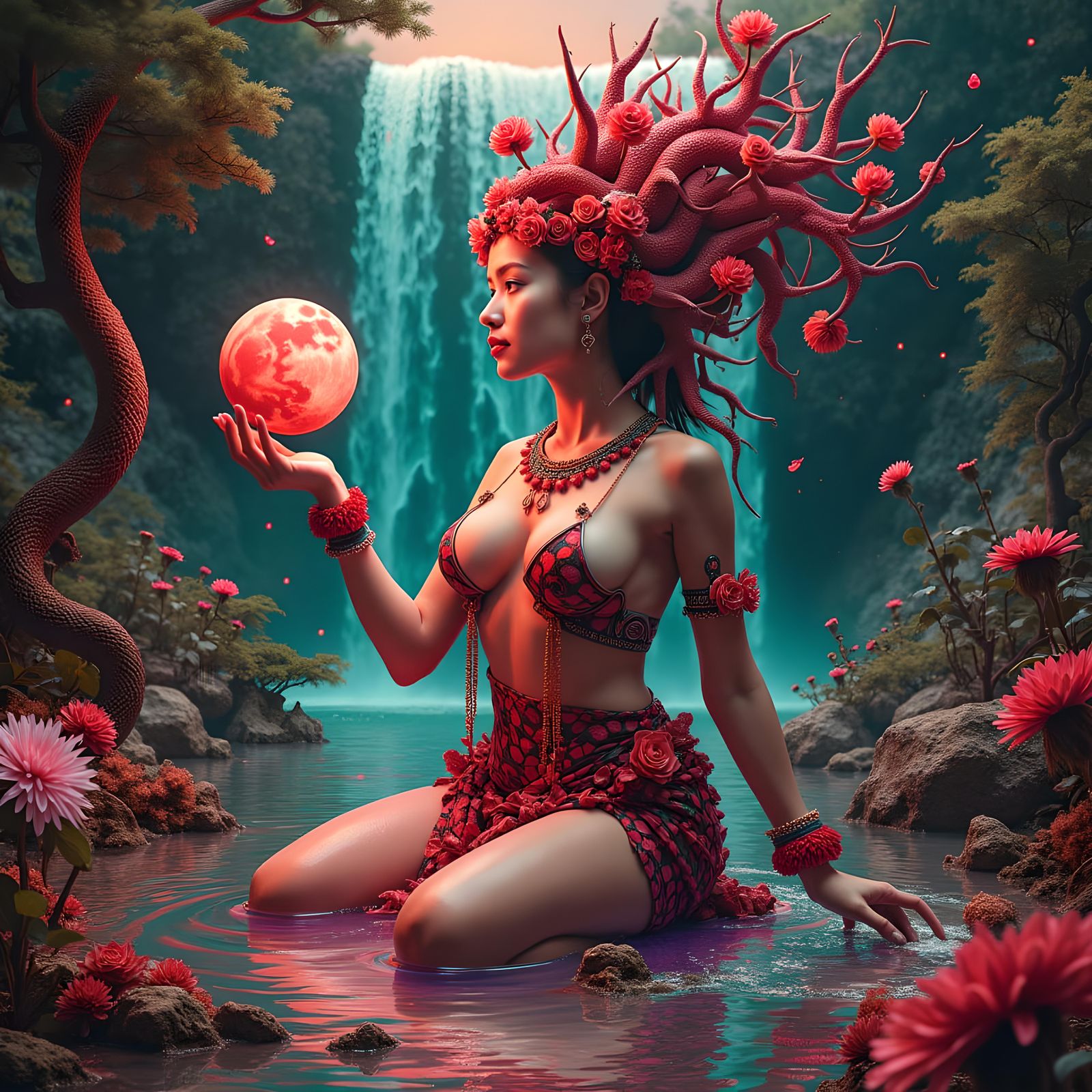 Surreal Centaur Queen with Crimson Flowers and Wine