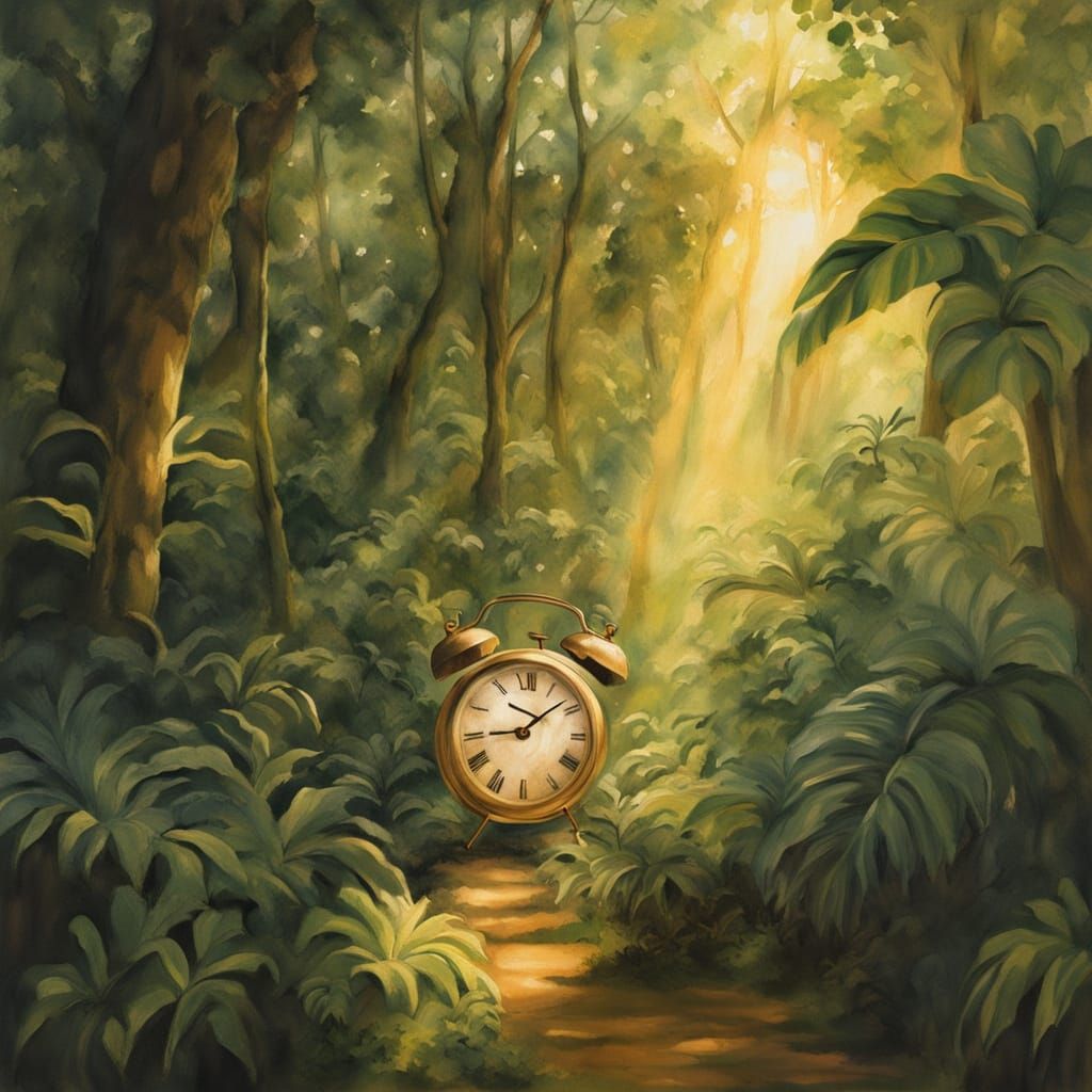 Ink Wash Painting of a Clock in a Lush Jungle