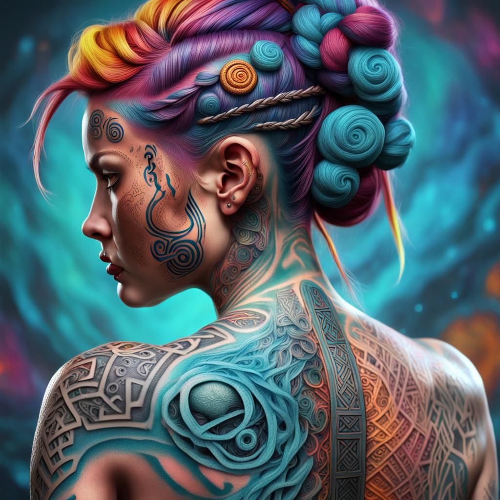Vibrant 3D Tattoo Art: Humanoid with Viking Runes