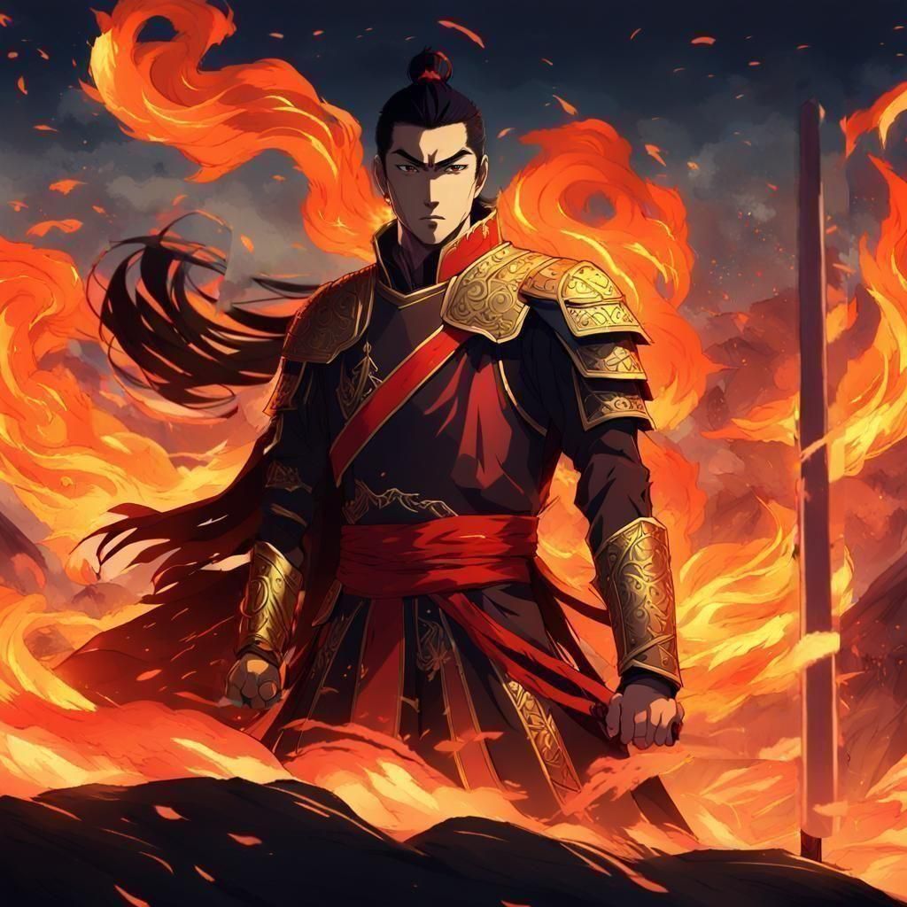 Flaming Warrior in Cel-Shaded Anime Style