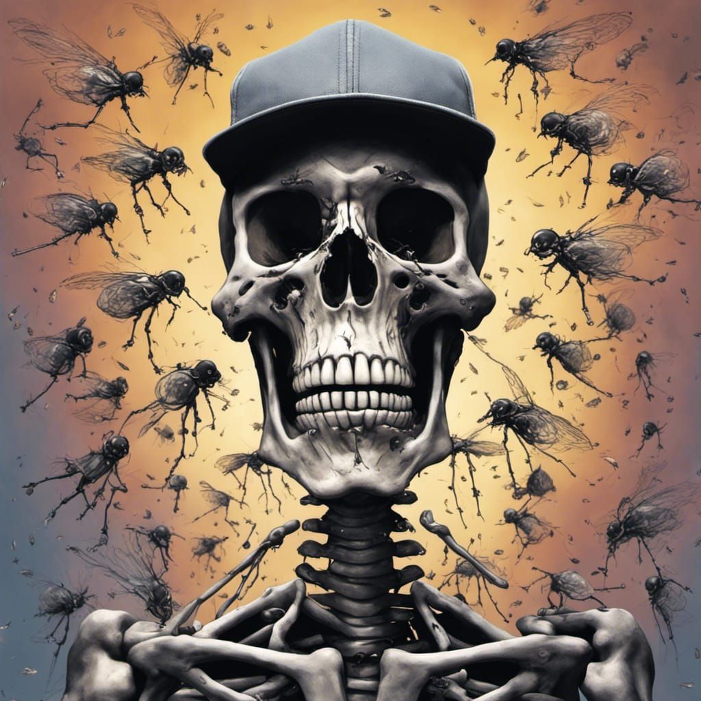 Hyperrealistic Skeleton Bob with Flies in Splash Art Style