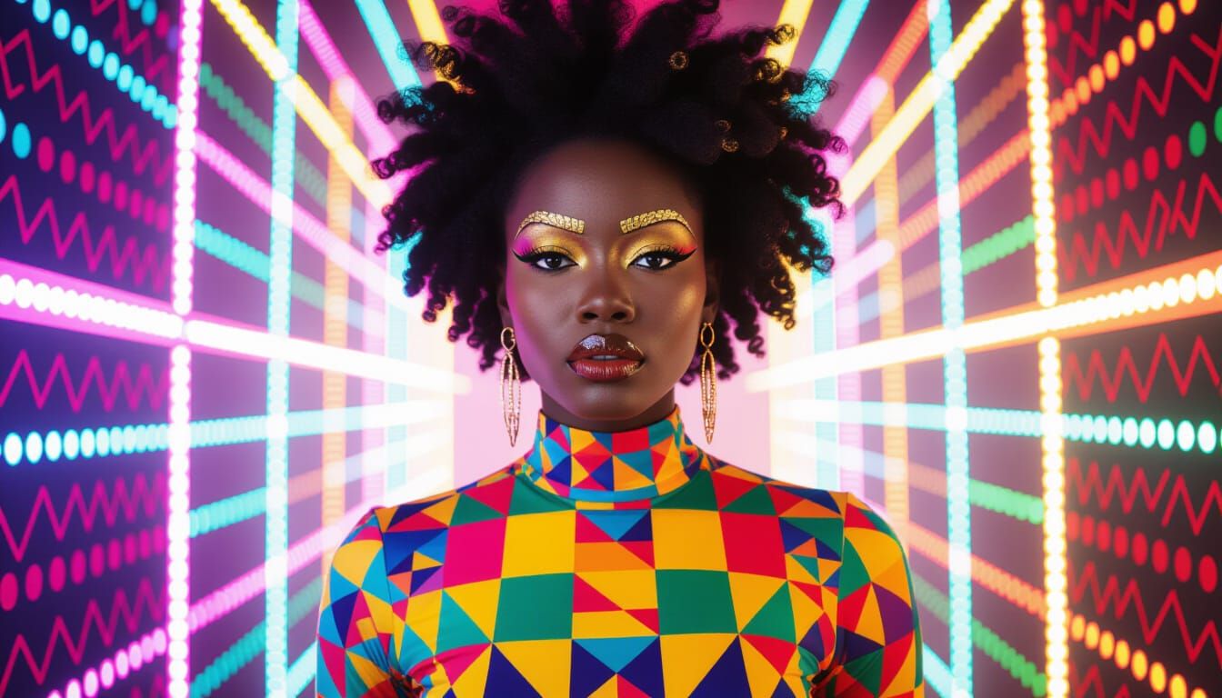 Vibrant photo of a Ghanaian woman, with a geometric afro and gold-painted brows, adorned in a futuristic kente-print bod...