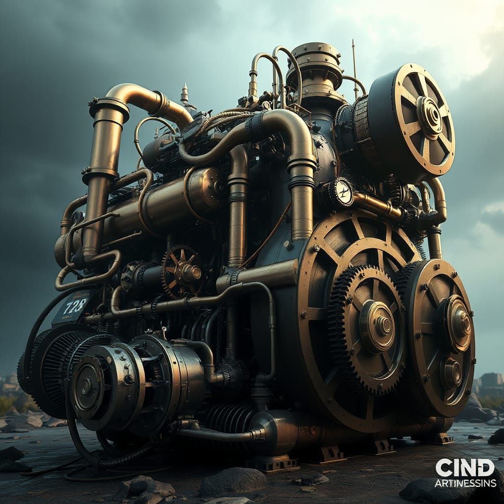 Intricate Steampunk Engine in Dramatic Sci-Fi Setting