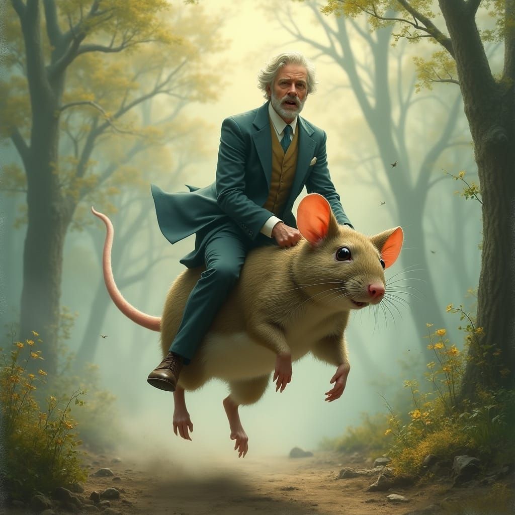 Ethereal Gentleman Rides Mystical Mouse Through Dreamy Mist