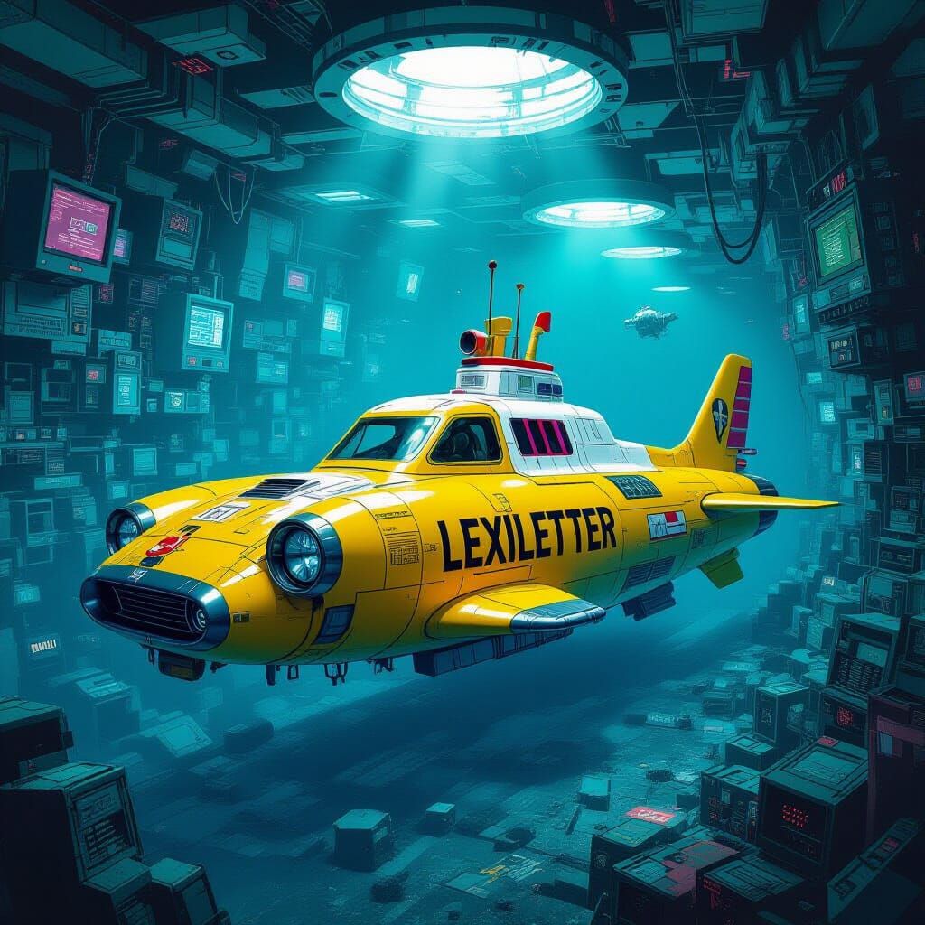 Yellow Submarine in Dystopian Sea, Retro-Futuristic Art