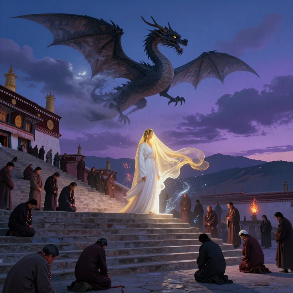 White Clad Woman and Dragon Guardian at Temple