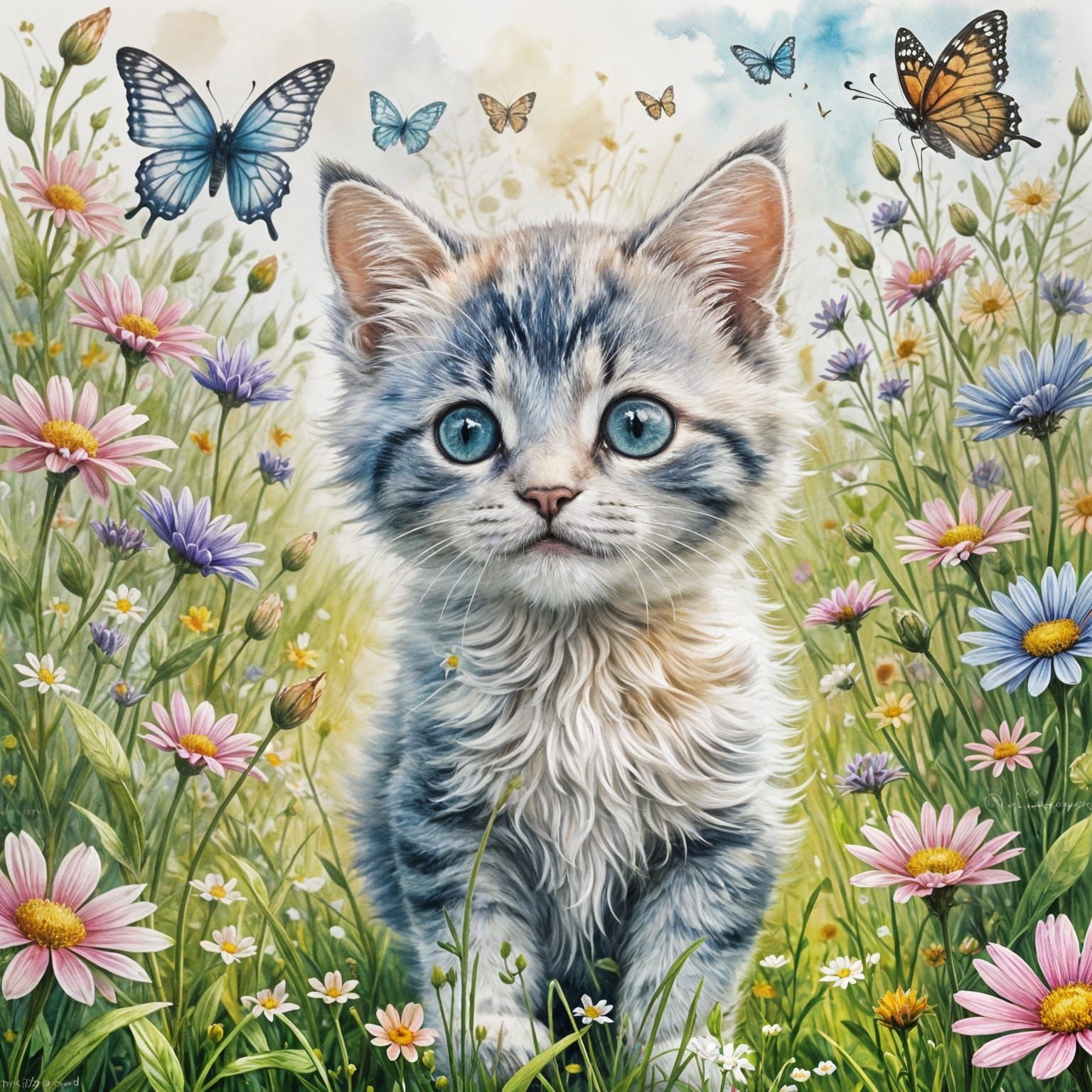 Playful Kitten Chasing Butterfly: Watercolor Fantasy Art