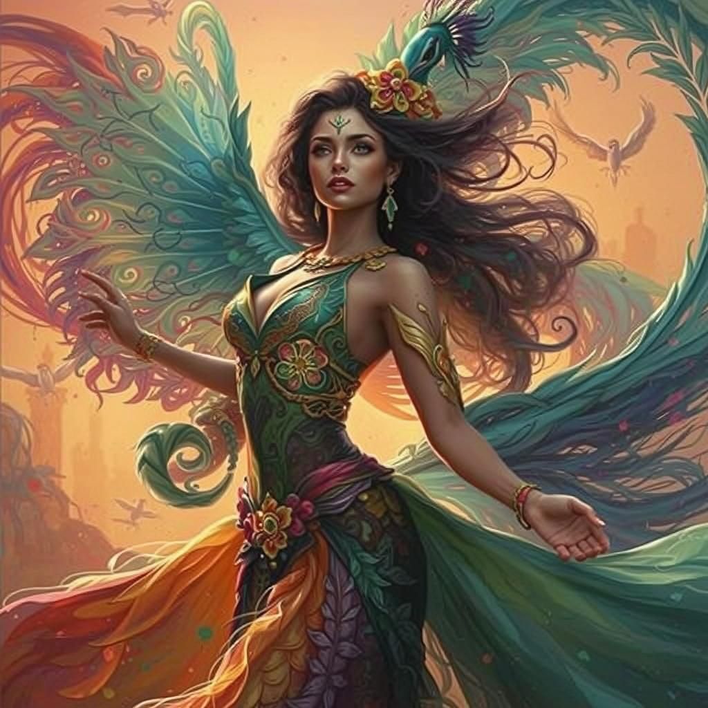 Dragon Peacock Woman in Abstract Expressionist Style