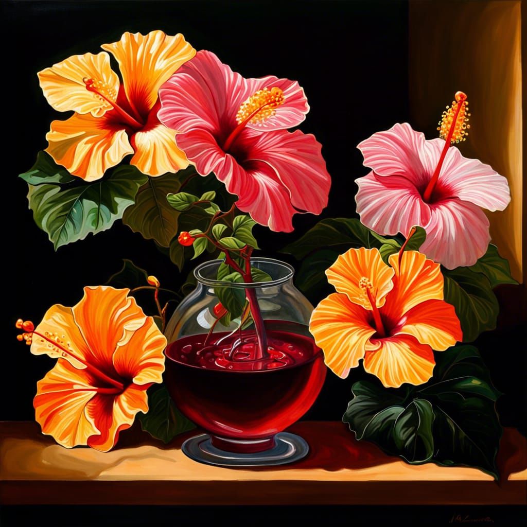 Hibiscus Still Life in Vivid Oil Painting