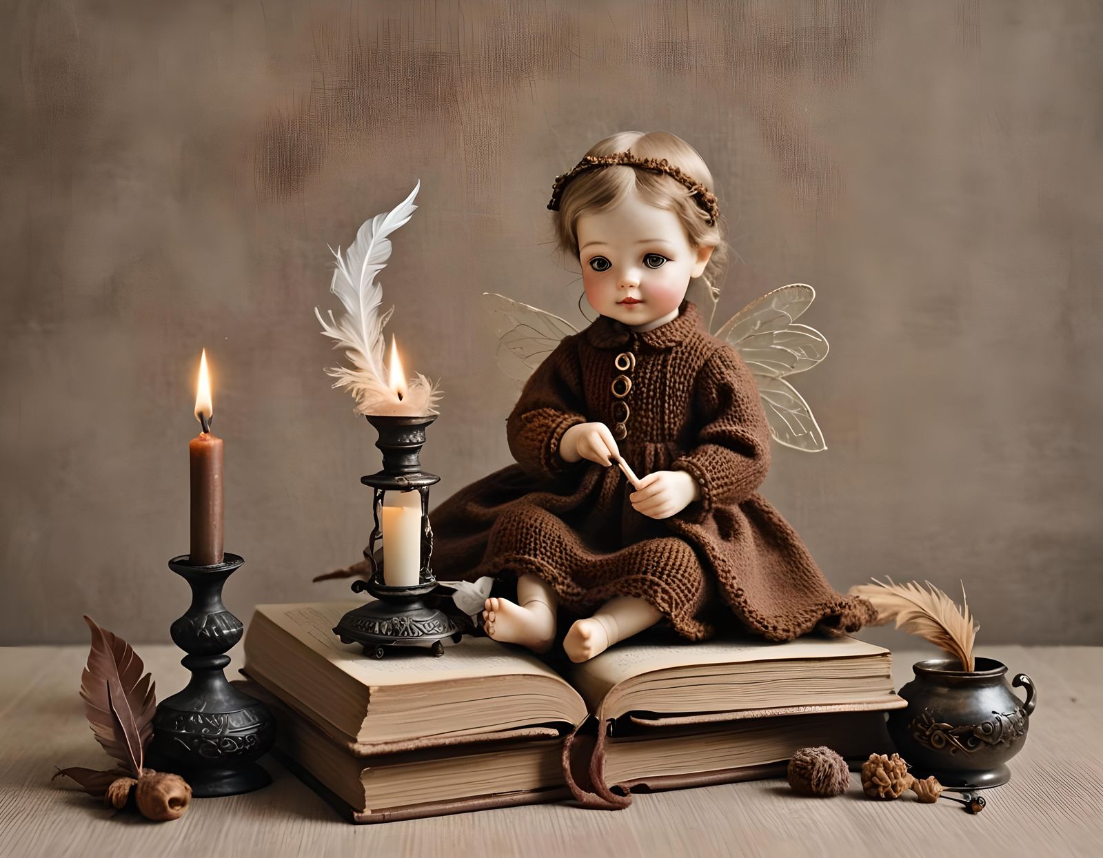 tiny little fairy baby girl sitting on a thick book. brown dress, knitted blouse, antique inkwell with feather, antique ...