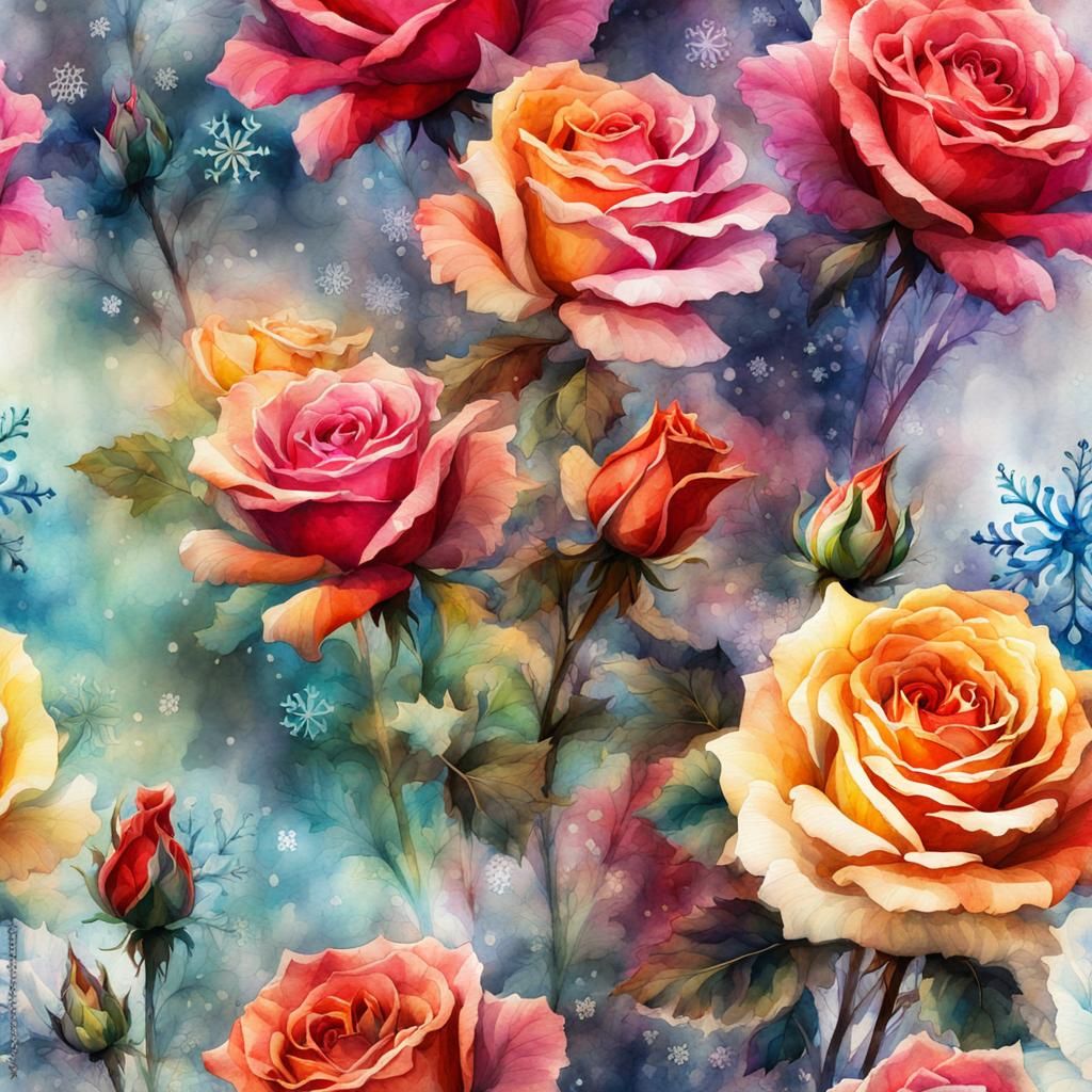 Colorful Roses and Snowflakes in Watercolor Style
