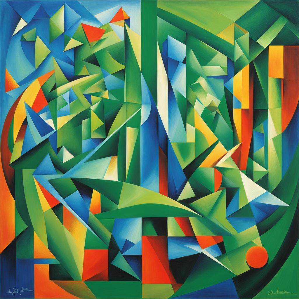 Abstract Cubist Composition in Blue and Green
