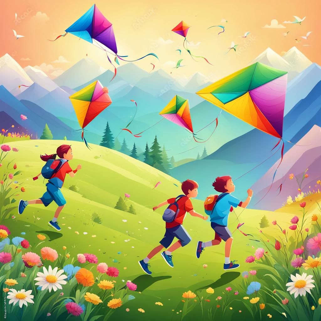 Children Running Down a Vibrant Mountain Panorama