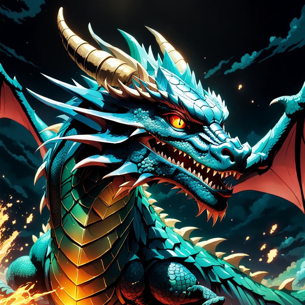 Turquoise Dragon in Anime Cel-Shaded Style