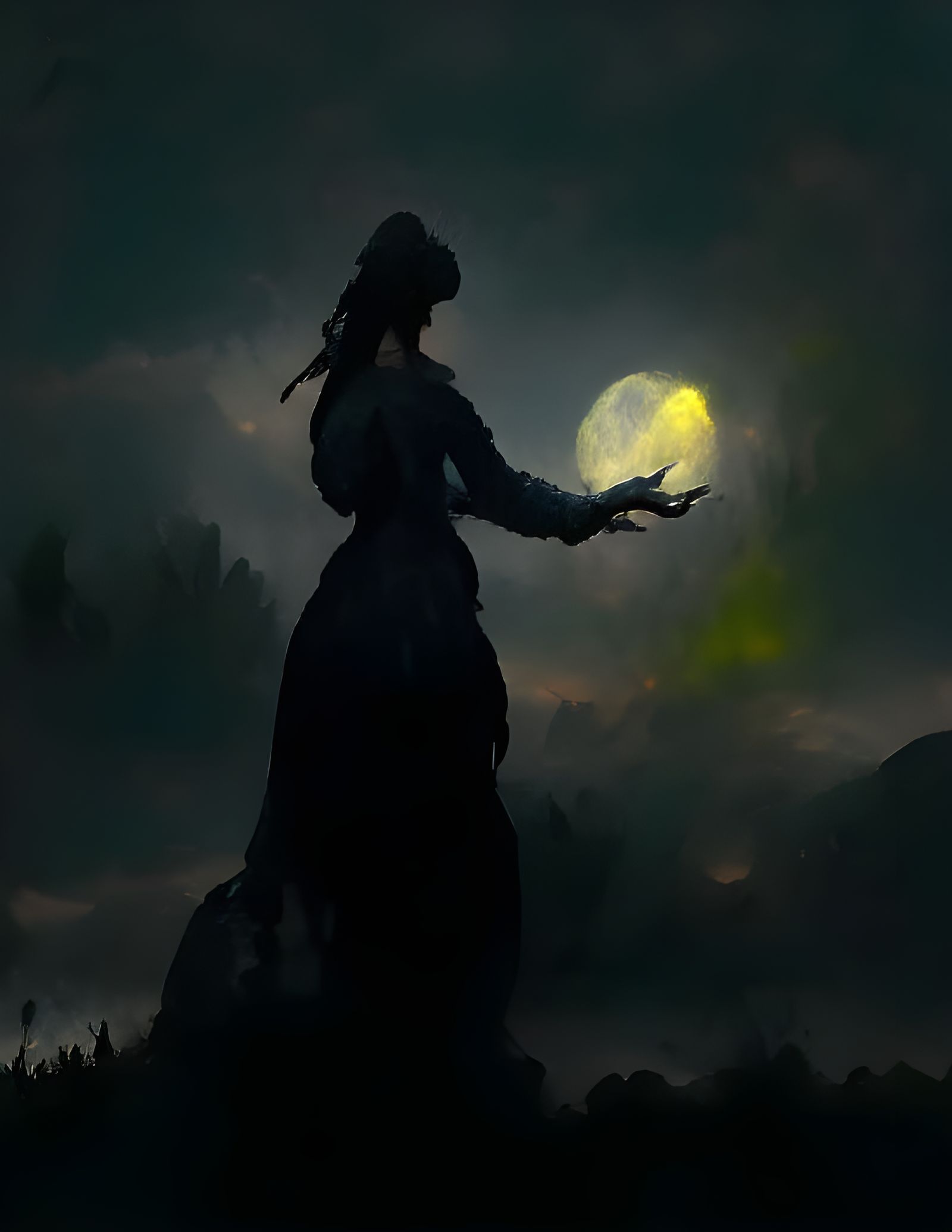 Witch Silhouette with Glowing Moon Over Dark Forest