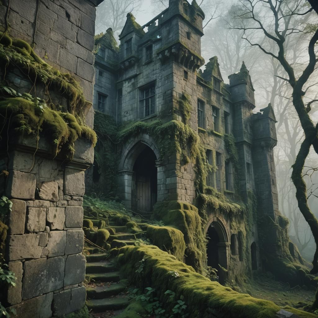 Misty Castle Ruins in Moody Cinematic Style