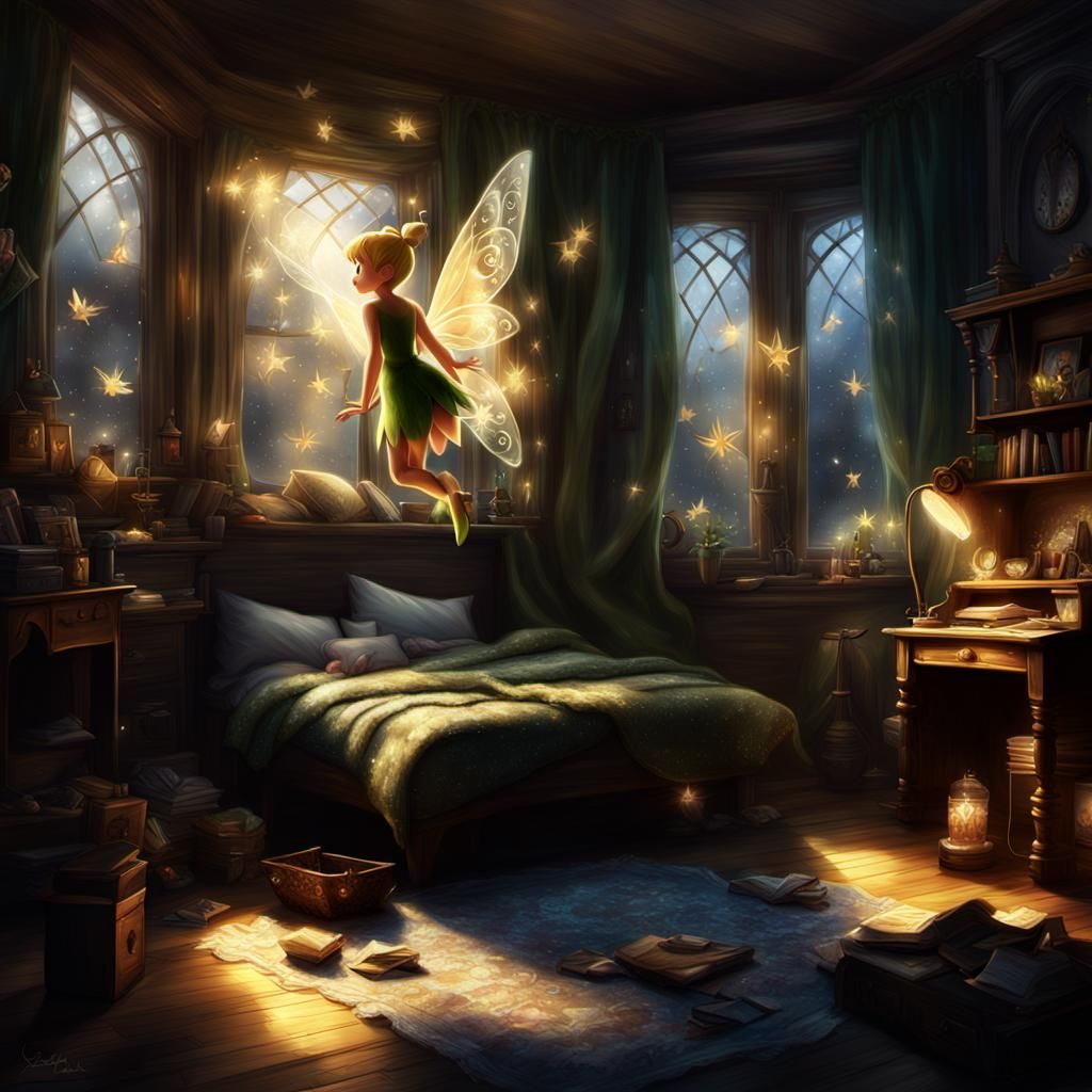 Tinkerbell in Bedroom: Detailed 2.5D Digital Art