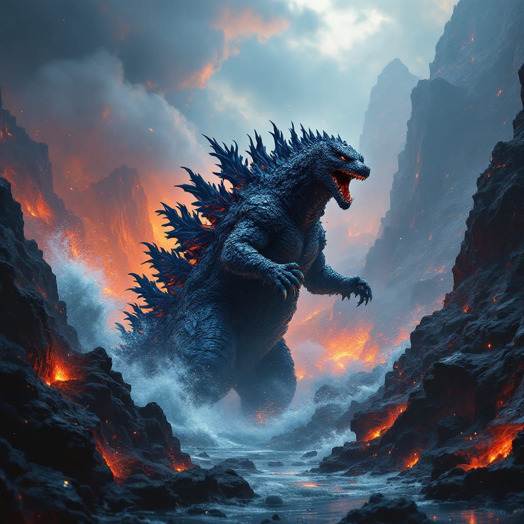 Godzilla Swimming Deep in the Ocean: Detailed Matte Painting