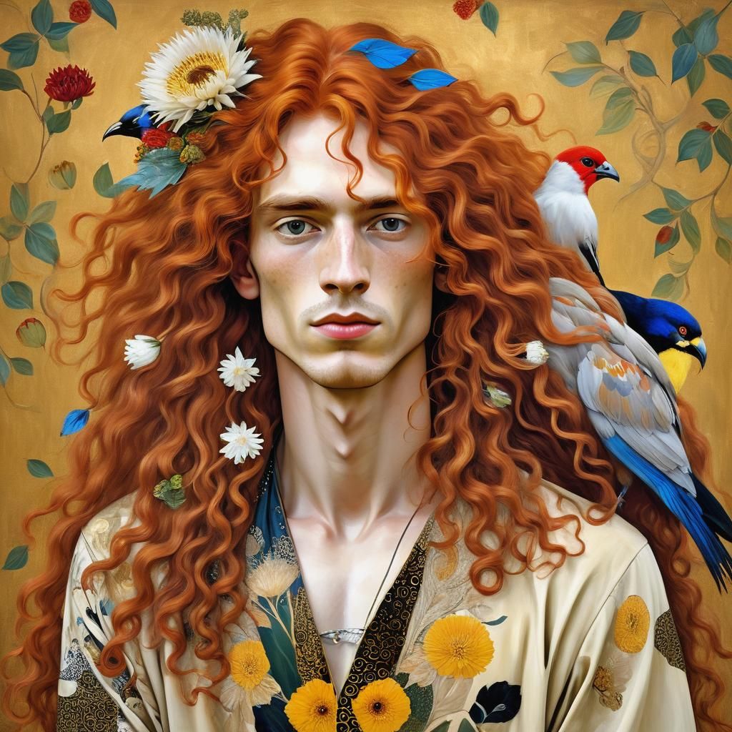 Red-Haired Man with Bird Nests, Klimt-Style Portrait