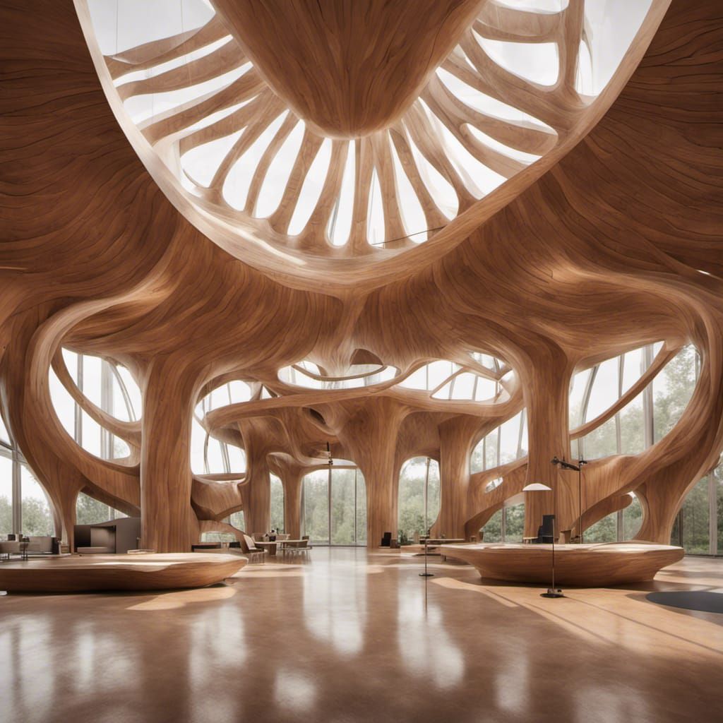 Futuristic Wooden Building with Tornado Pillars