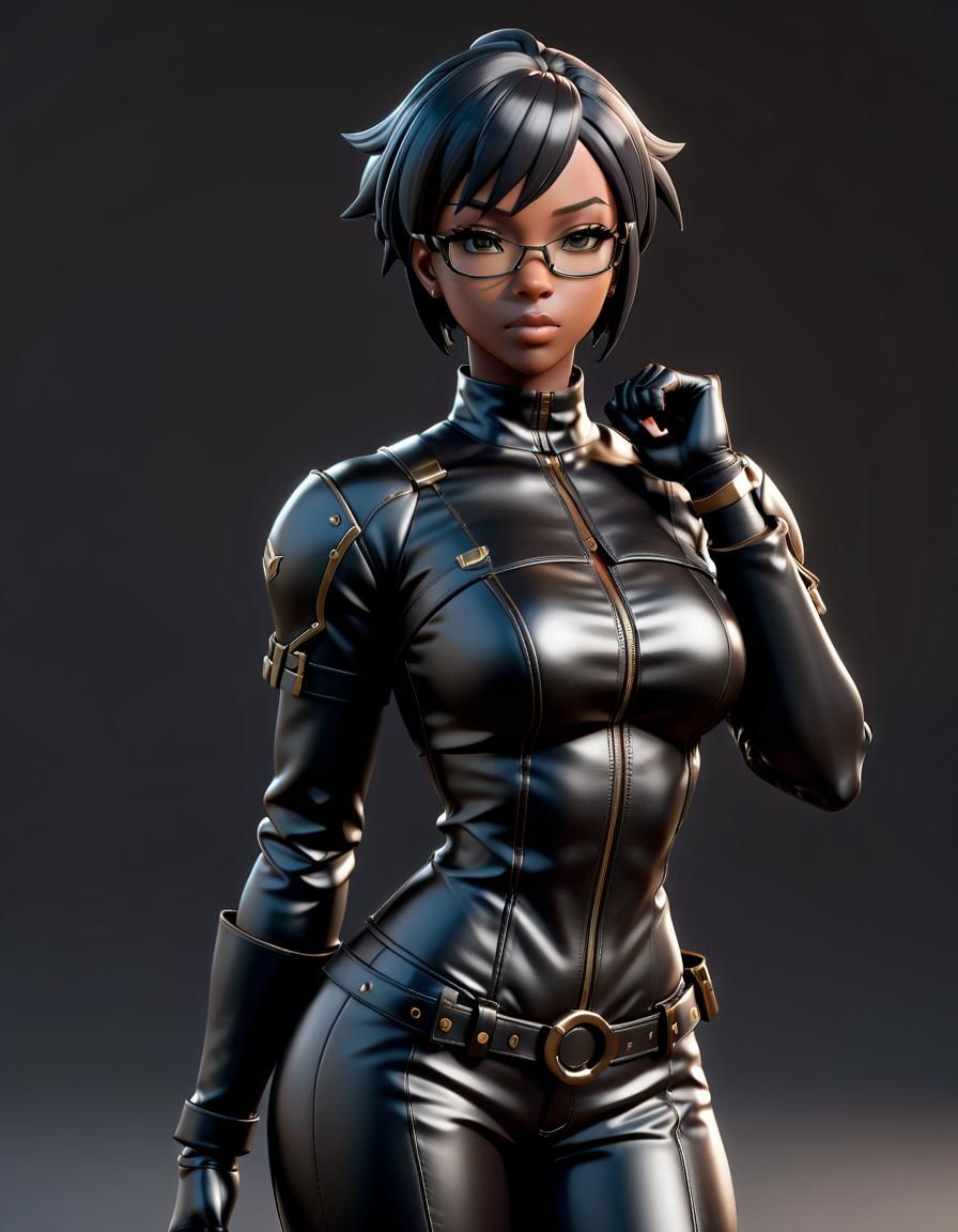 Ebony Anime Girl Superhero in Leather Outfit