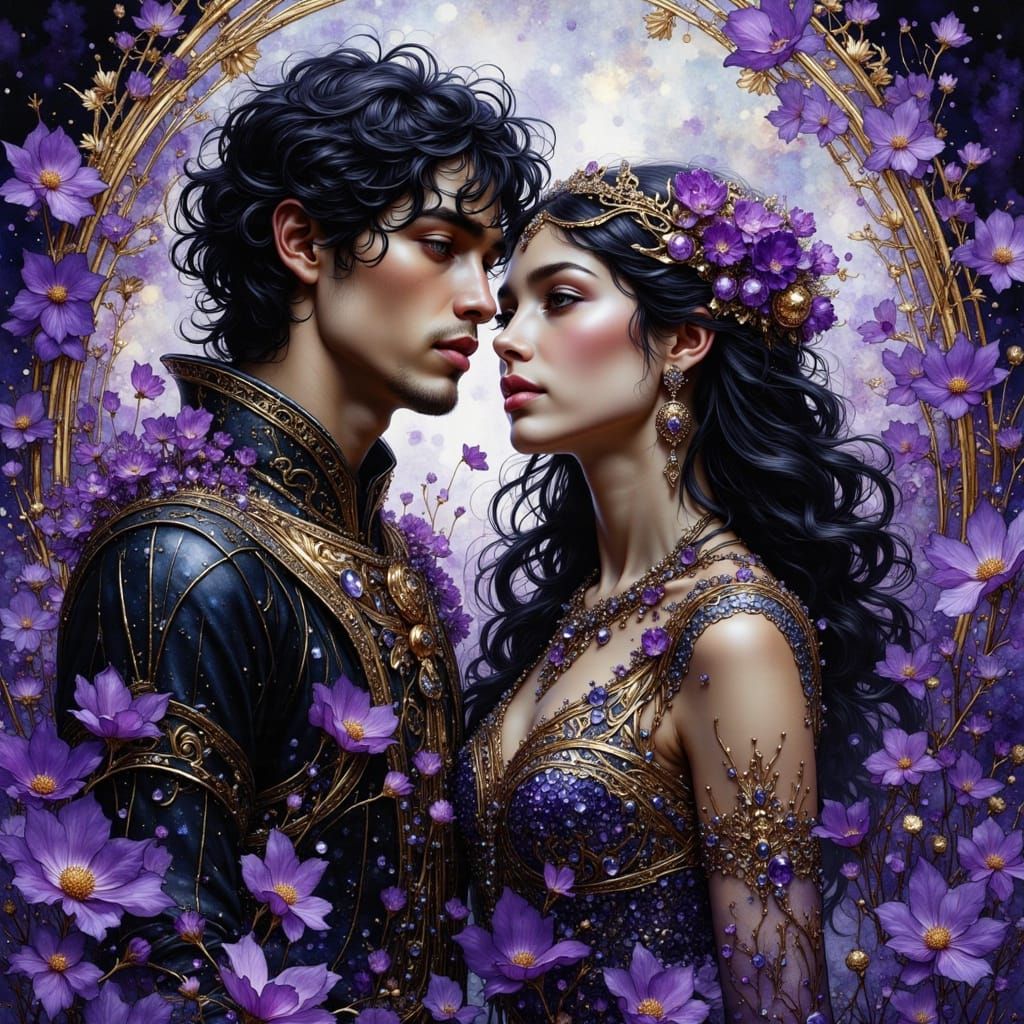 Lovers in Stained-Glass Nouveau Style with Gold Accents