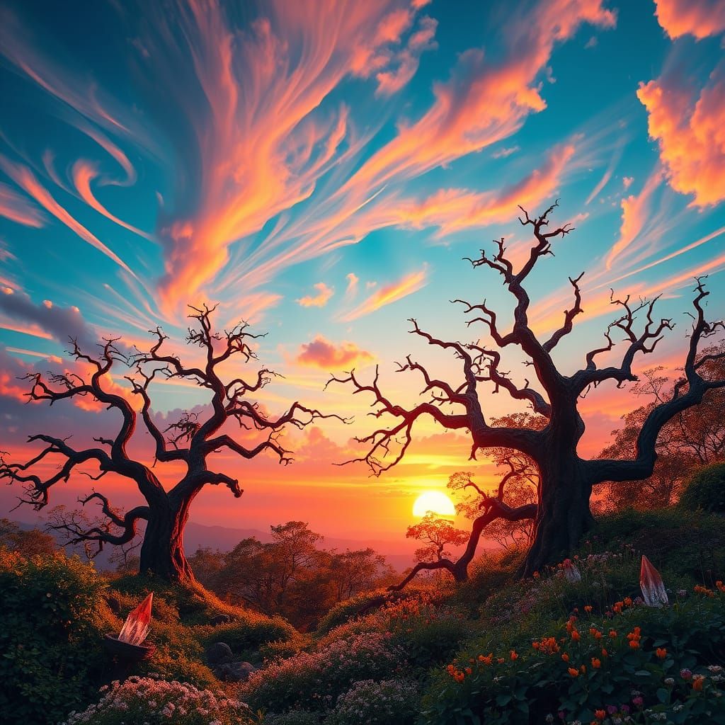 Ethereal Sunset with Ancient Trees and Glittering Crystals