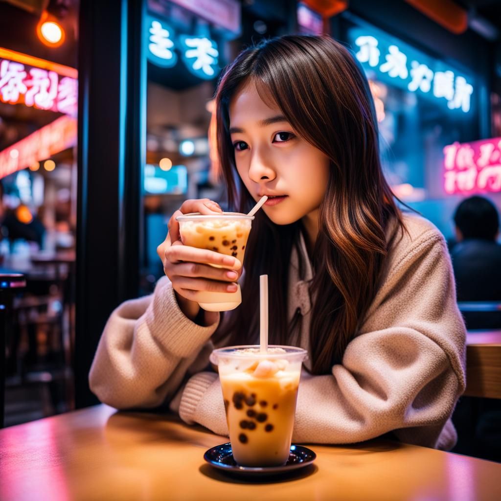 Girl with Milk Tea and Takoyaki in Neon Cafe
