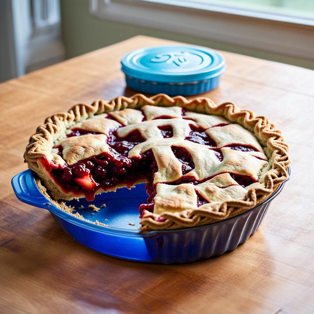 pie with a giant Pi made from crust in the center in a reused blue glass tin on a negative, π made from the pie crust ce...
