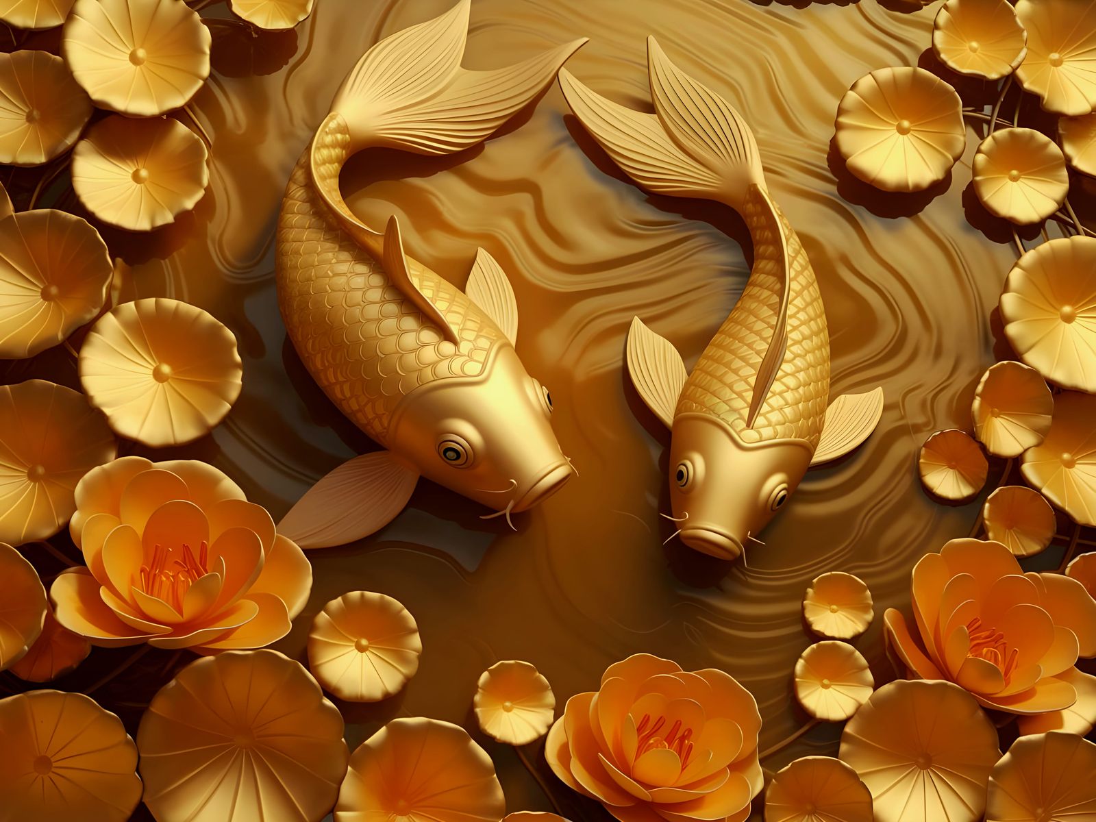 Gold Koi Fish in Shimmering Lily Pond Digital Art