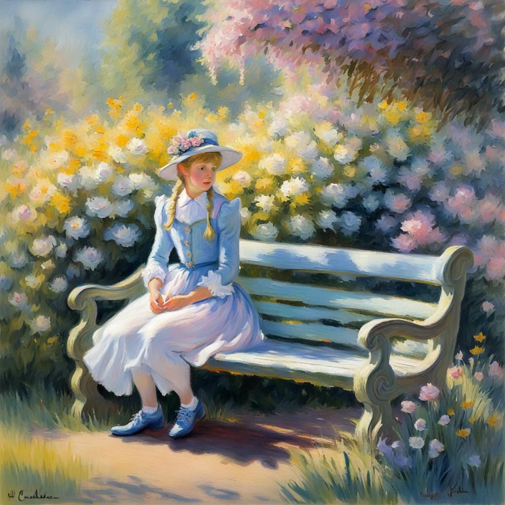 Elf on Garden Bench in Impressionistic Style