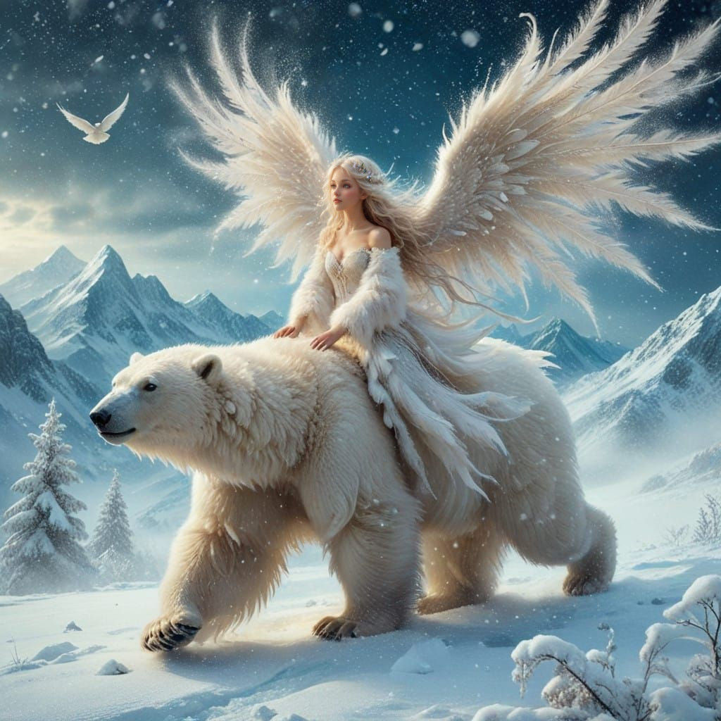 Enchanted Winter Fairy Rides Polar Bear Through Snowy Mounta...