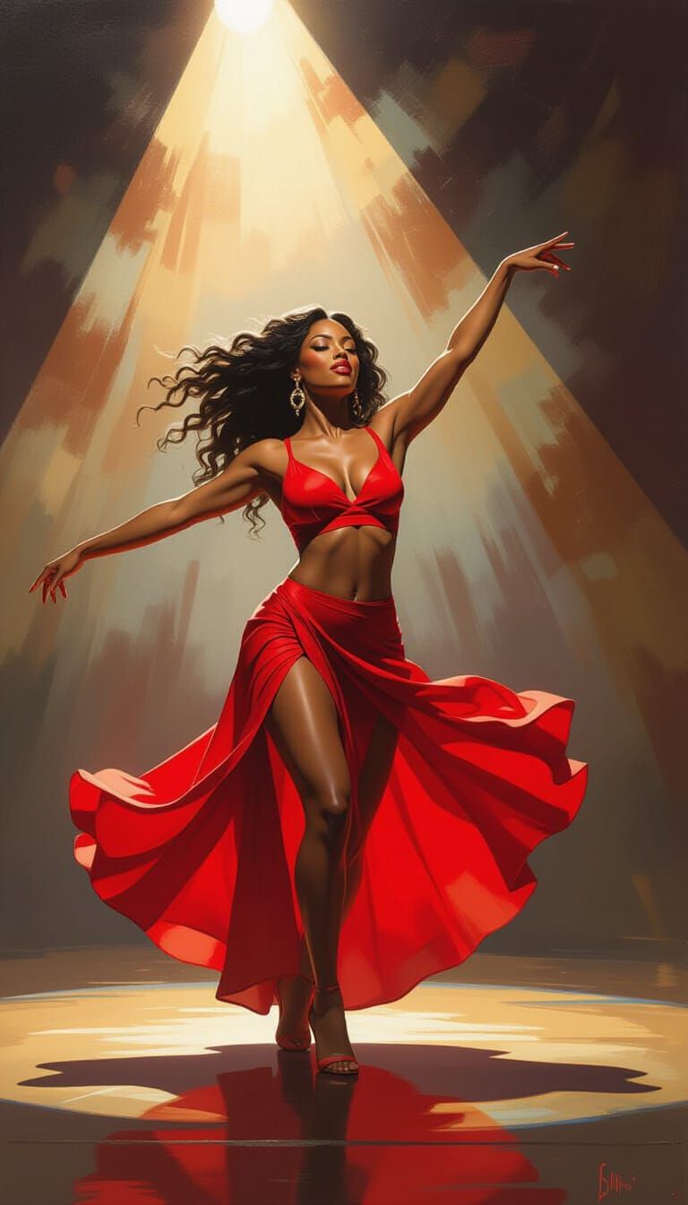 Dynamic Oil Painting of a Dancer in Red Costume on Stage