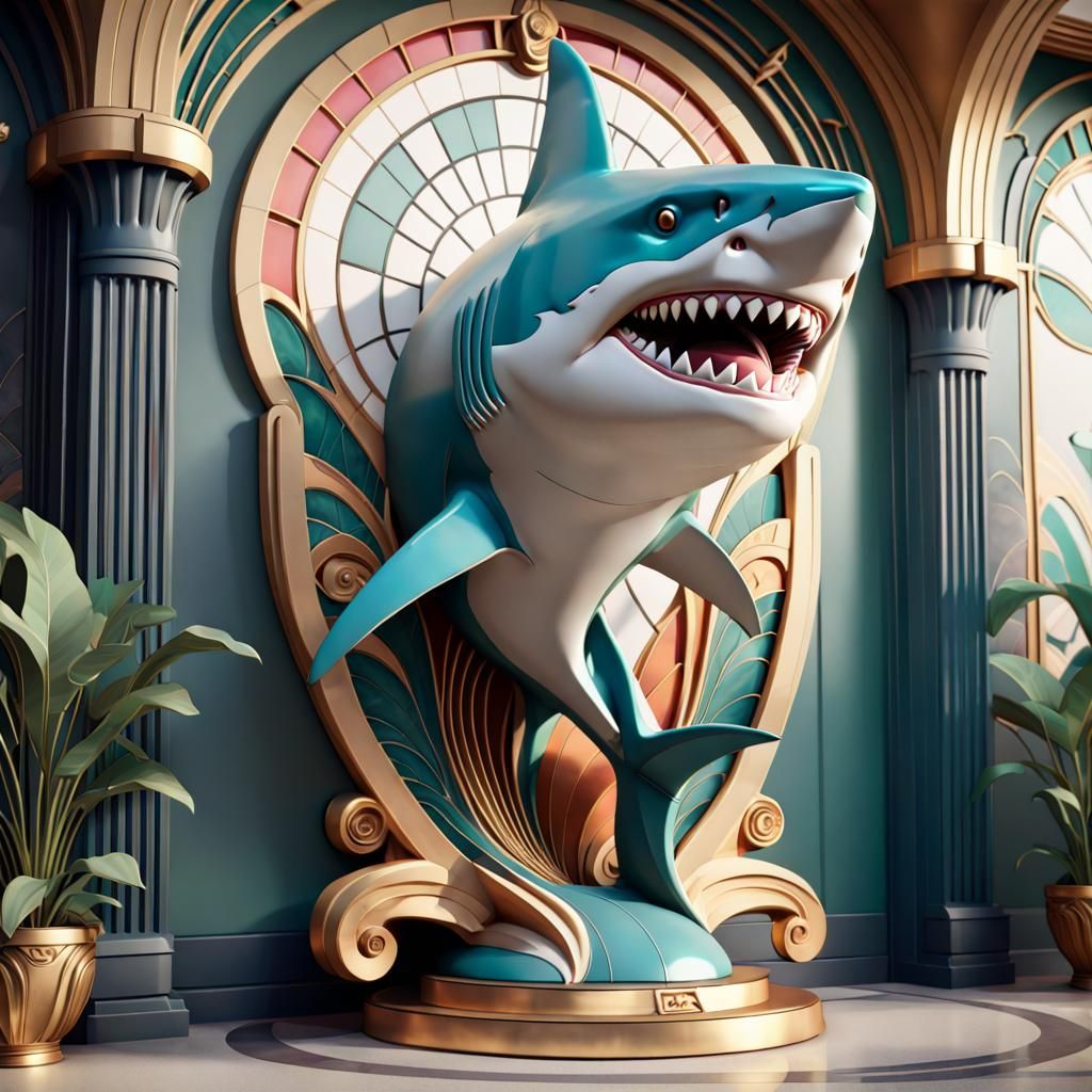Art Deco Nouveau Shark Statue in 8k