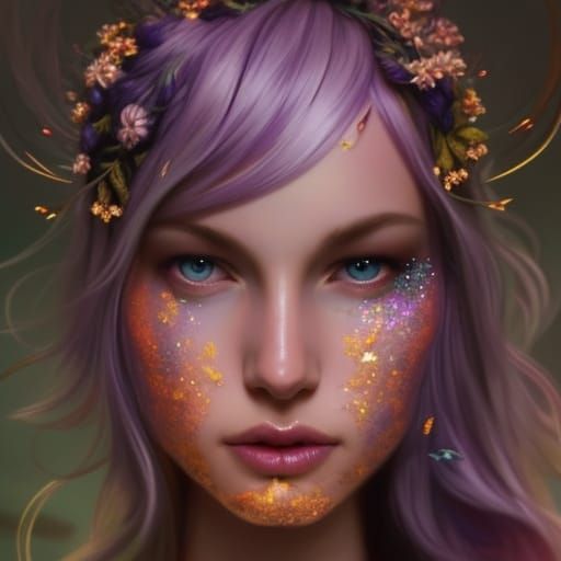 Floral Fairy with Lavender Eyes in Art Nouveau Style