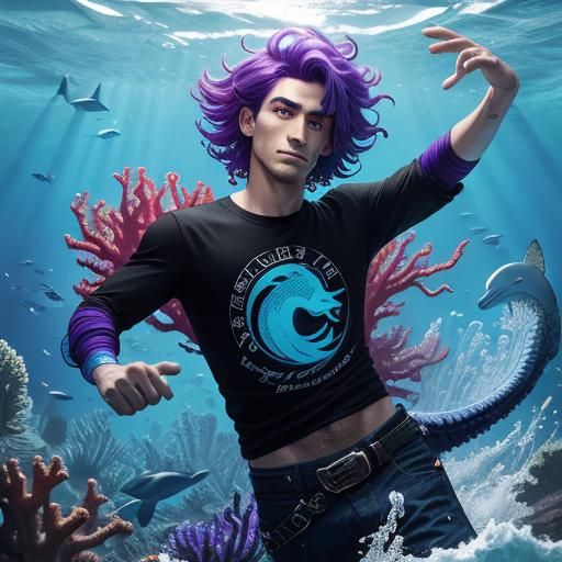 Merboy with Seahorses in Holographic Astral Illustration