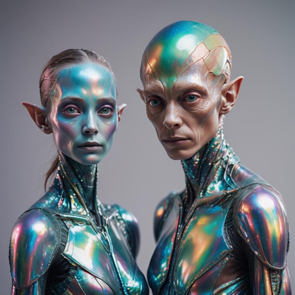 Extraterrestrial Couple Portrait with US Flag, Conceptual Ph...