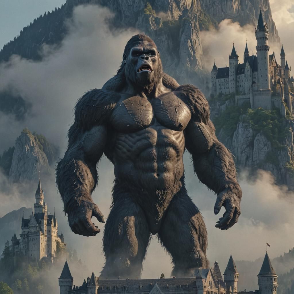 King Kong Dominates Neuschwanstein in Sci-Fi Art