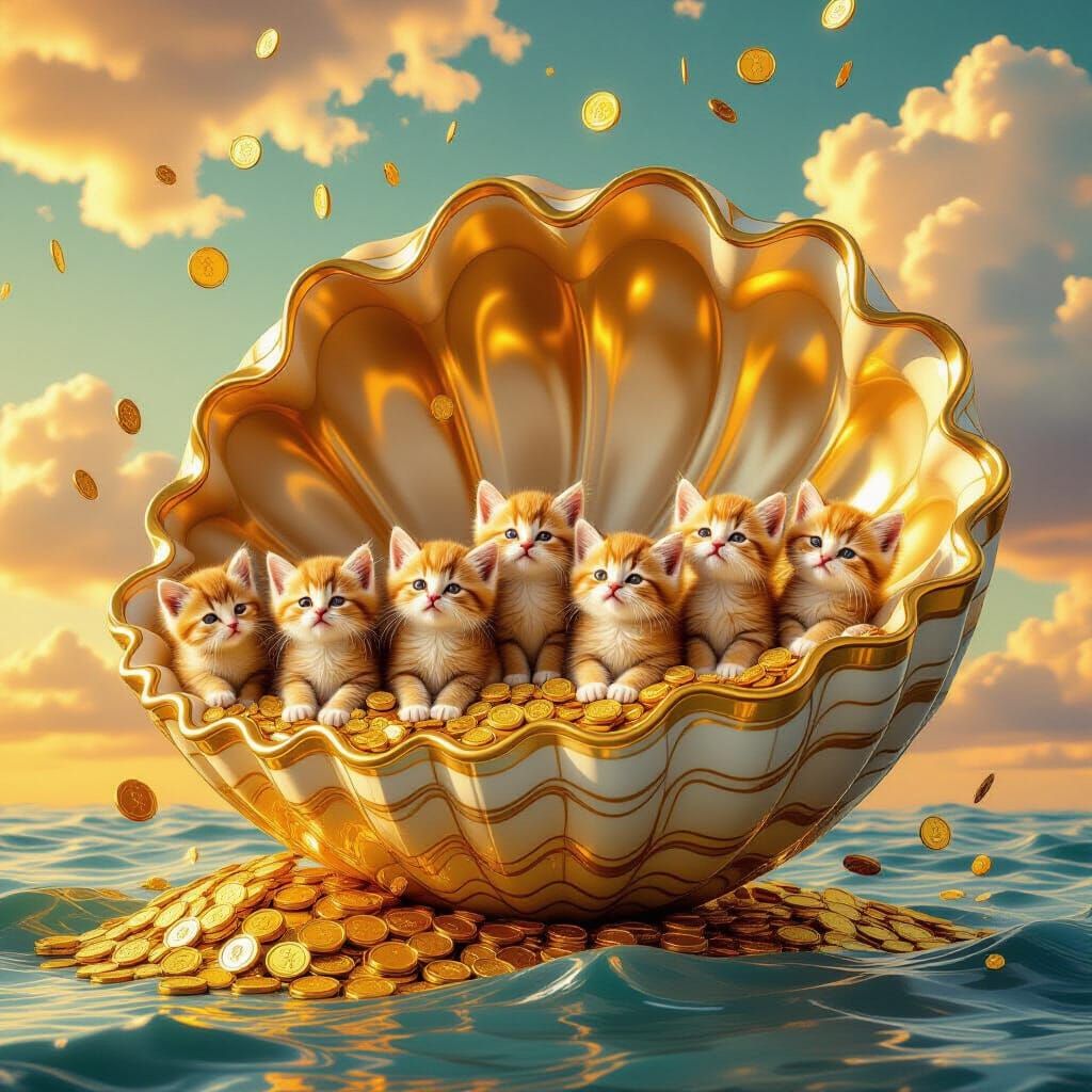 Kitten-Filled Seashell in Klimt Style with Golden Rain