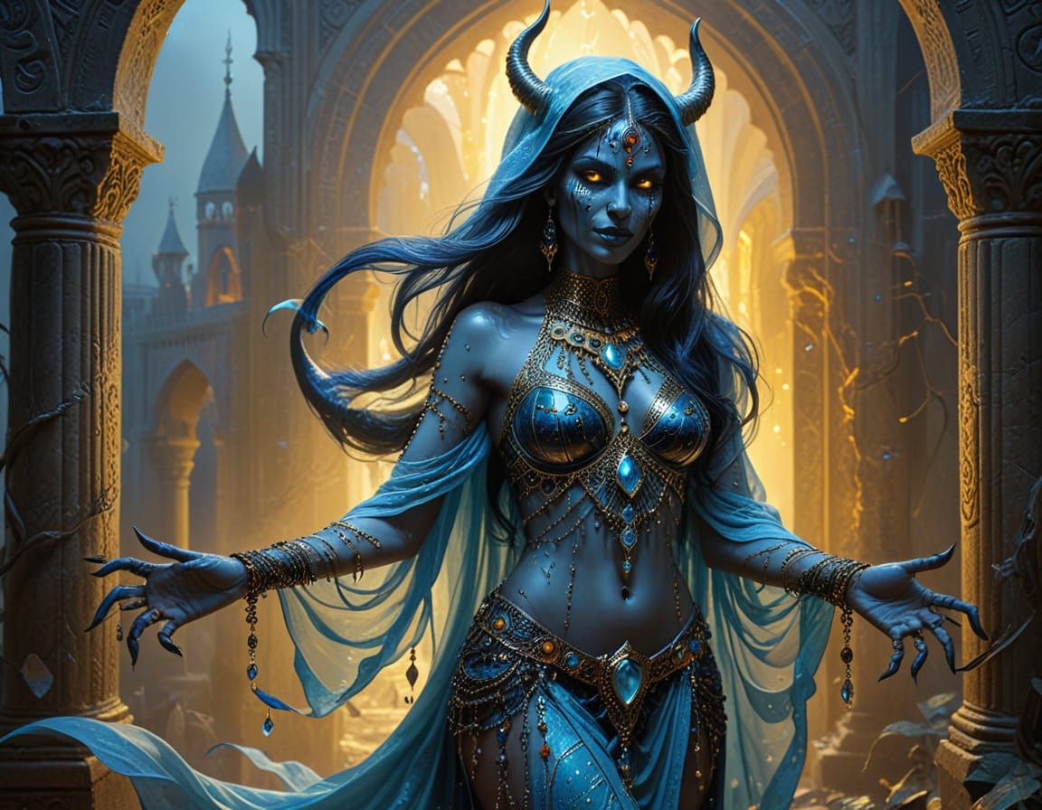 Blue-Skinned Arabian Demoness with Bioluminescent Jewels