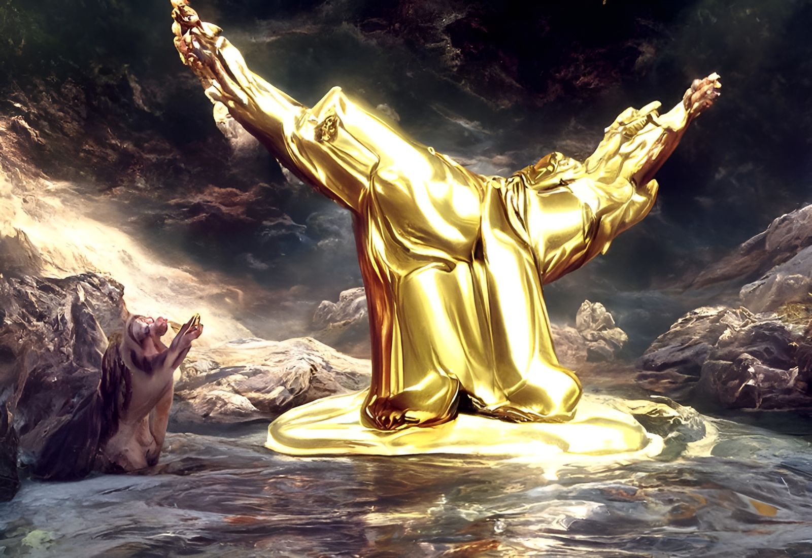 Greed God in Art Nouveau Holographic Landscape