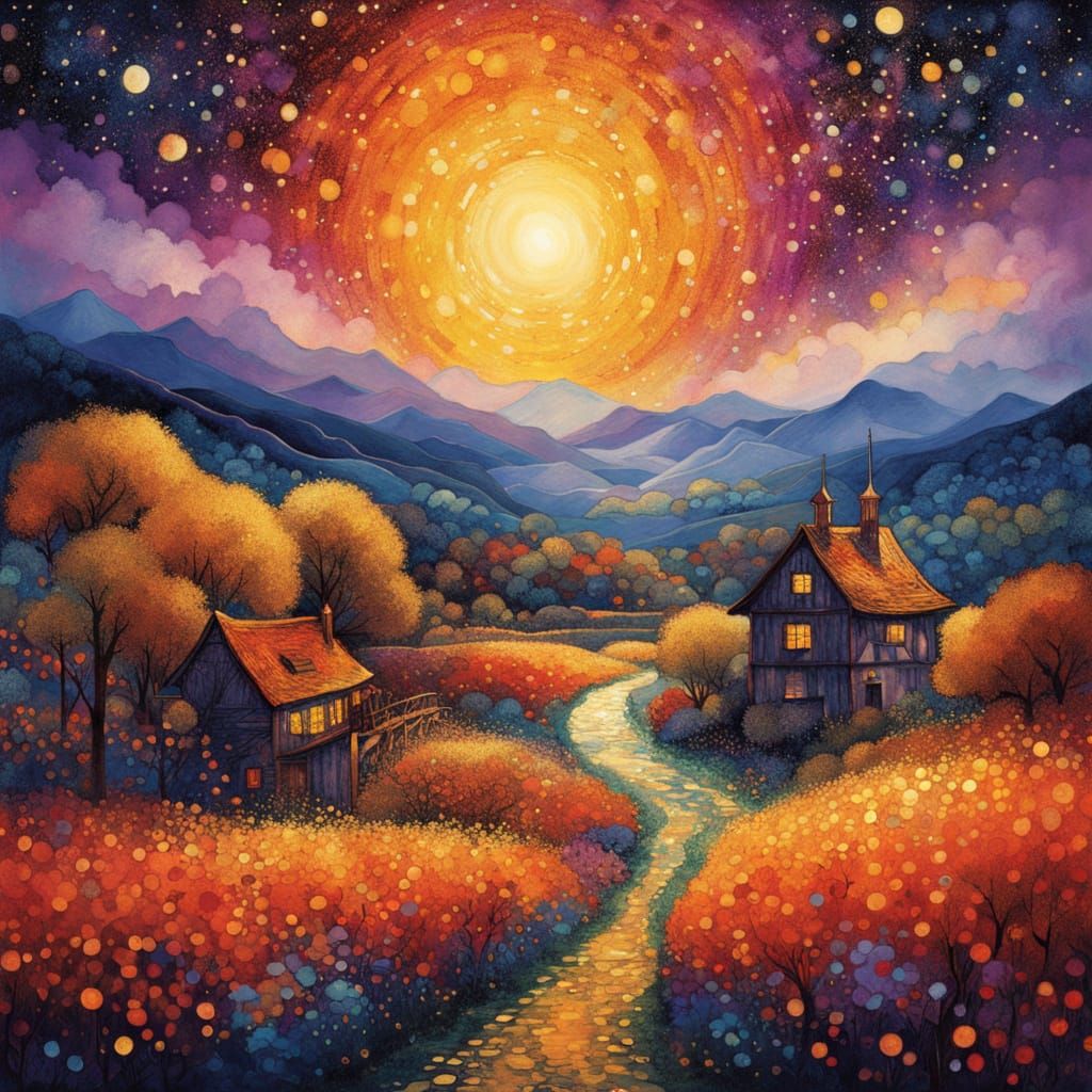 Vibrant Solarpunk Oasis with Golden Hills and Deep Purple Sk...