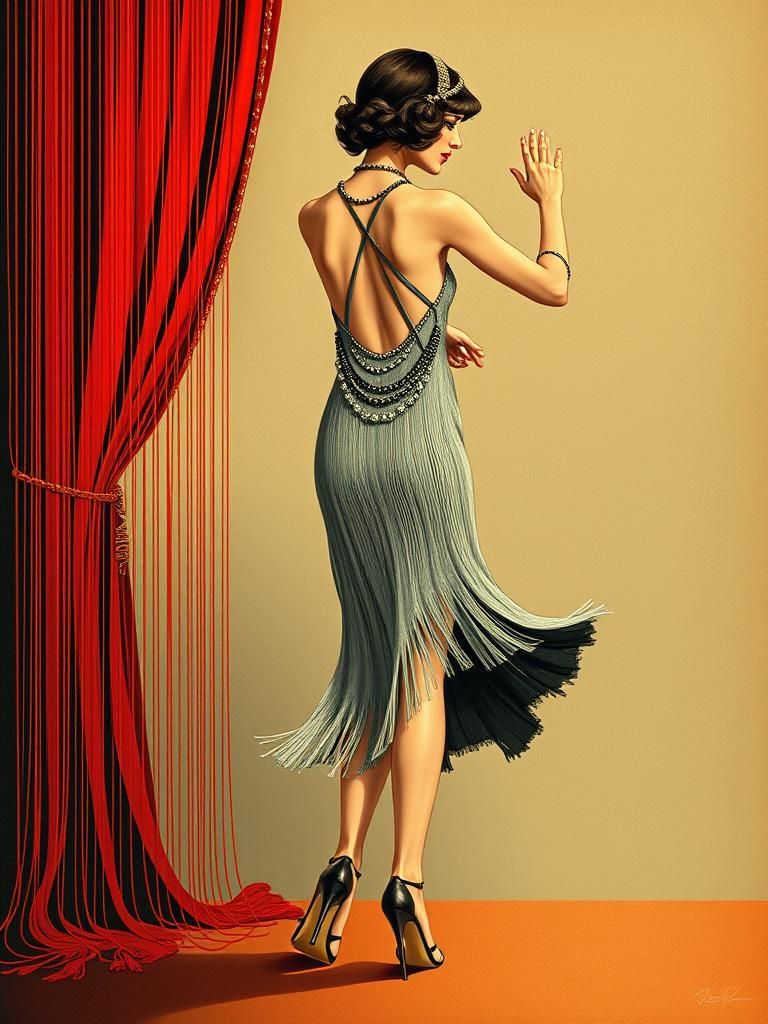 Art Deco Portrait of Beautiful Girl in String Dress