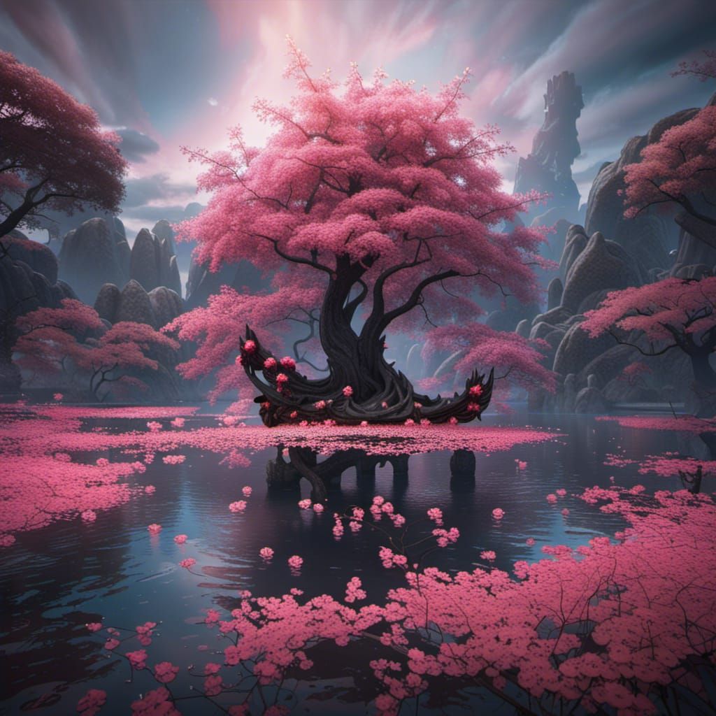 Black Swan Lake with Sakura Blossoms